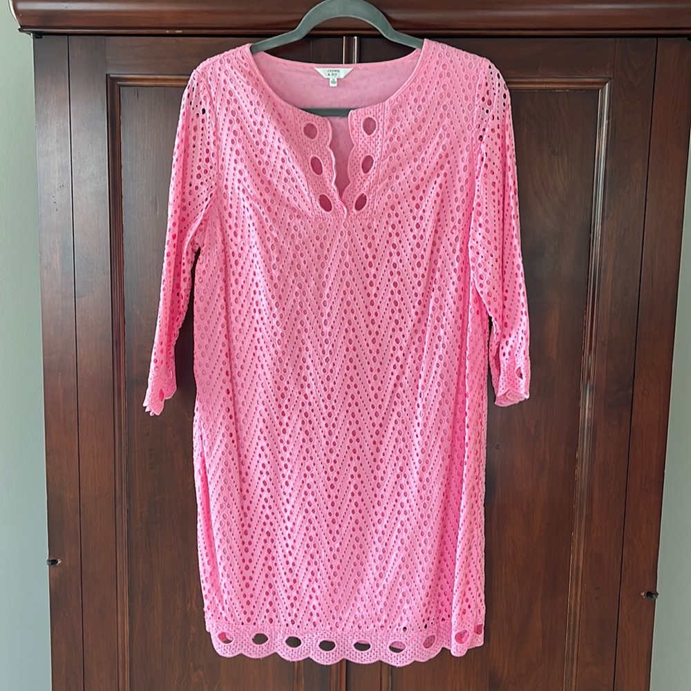Pink cotton eyelet dress, 3/4 length sleeves